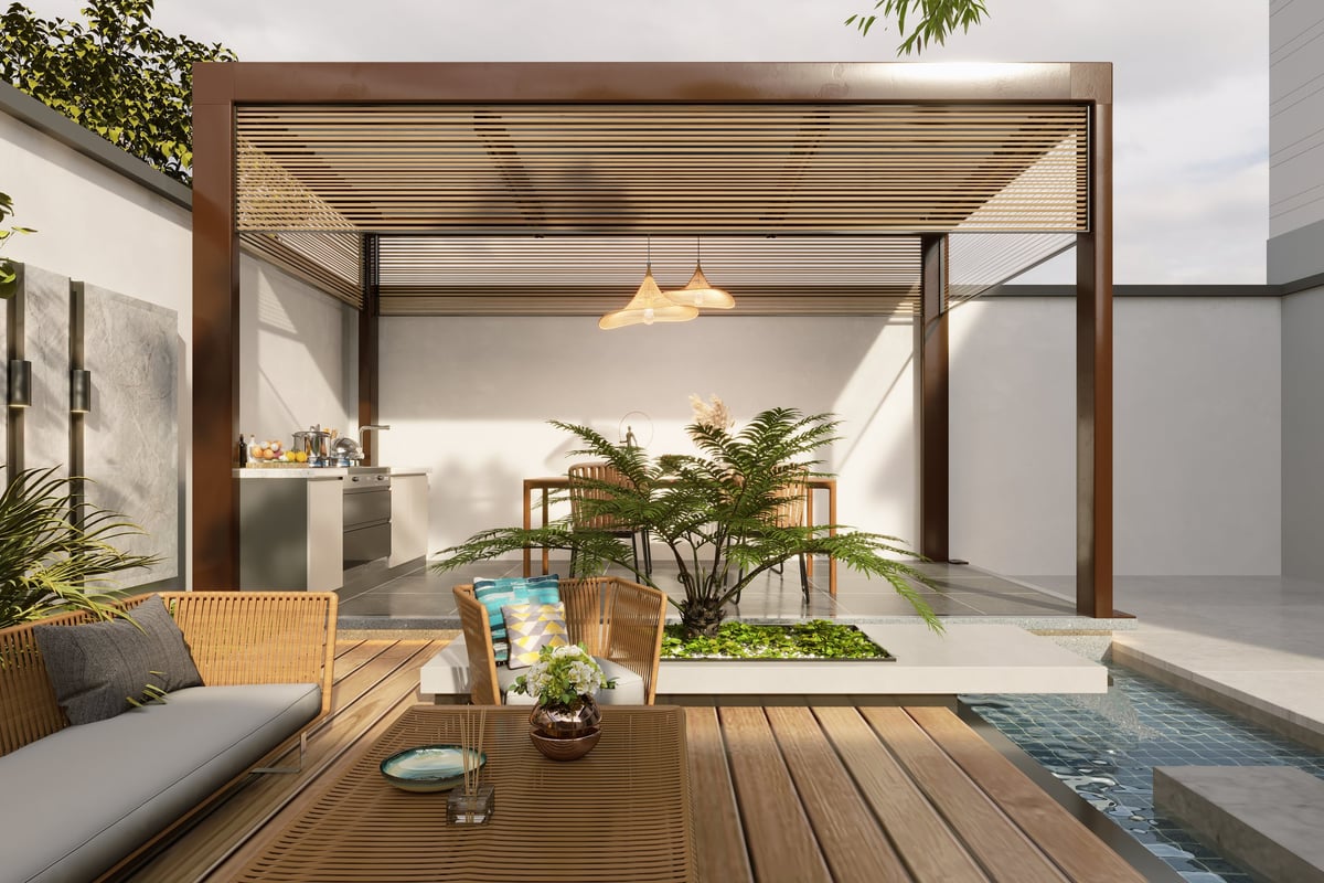 Modern terrace with gazebo, pergola, pool, and lush tropical plants