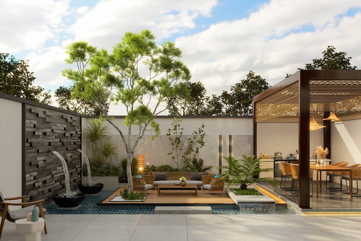 Modern terrace with pergola, seating area, pool and tropical landscaping